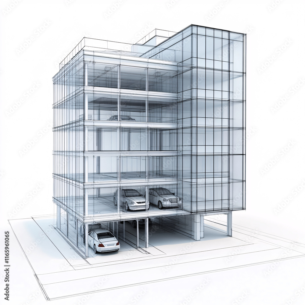 Rendering of modern multi-storey building with transparent front and ...