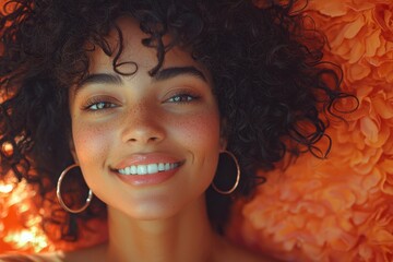 Smiling woman with curly hair poses among vibrant orange flowers in bright, natural light during a sunny day