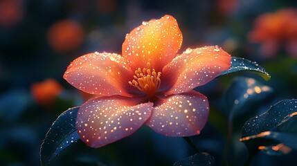 Wall Mural - Dew-kissed orange flower with bokeh background.