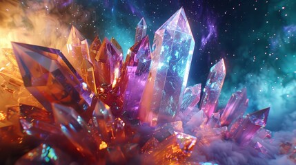 Cluster of colorful crystals shining in a galaxy background, creating a mesmerizing wallpaper