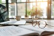 © Tanu - A serene morning workspace features a laptop, a steaming cup of coffee, an open newspaper, and glasses resting on the table, illuminated by sunlight through the window.