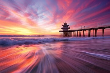 Wall Mural - A vibrant sunset paints the sky with hues of purple and orange as waves gently crash against the shore, highlighting the iconic pier in Huntington Beach, California.