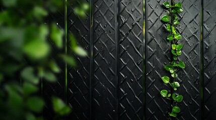 Wall Mural - Black fence with a green vine growing up it. The vine is wet and the fence is dark