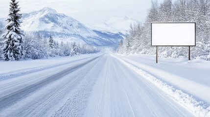 Wall Mural - desolate mountain road winding through snowy landscape, blank billboard standing against muted winte