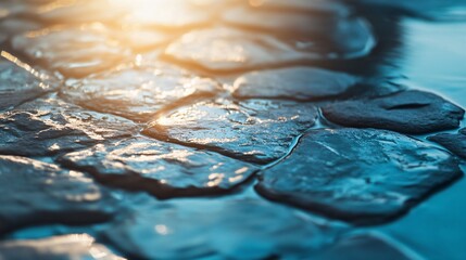 Wall Mural - Blue stone surface with water droplets on it. The water droplets are scattered across the surface, creating a sense of movement and depth. The blue stone surface contrasts with the water droplets