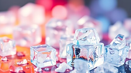 Blurred bokeh effect seamless pattern of crystal-clear ice cubes with intricate details and sharp subject focus, soft background
