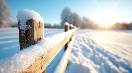 Wall Mural - A serene snowy landscape captured in brilliant winter sunlight, showcasing a snow-covered fence and a peaceful atmosphere that invites tranquility and contemplation.