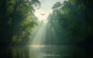 Poster - Sunbeams illuminate a tranquil river flowing through a lush, misty green forest. A bird soars overhead.