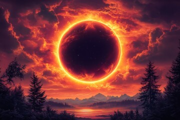 Wall Mural - Large red sun is in the center of a dark sky