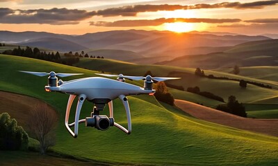 Wall Mural - Aerial Photography of Drone Flying Over Rolling Green Hills at Sunset, Capturing Stunning Landscapes with Vibrant Sky and Clouds in Natures Serene Atmosphere.