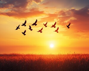 Poster - Birds fly over golden field at sunset.