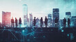 © Teeraphon - Abstract business team stands on the peak of success amid tall, innovative Smart city and graphs with statistics to analyze business potential and predict future developments in company growth.