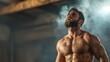© Dulemegapixel - A muscular man stands with his head tilted upward, absorbing soft light, reflecting a moment of peace and contemplation amidst a smoky, atmospheric environment.