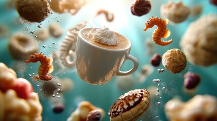 A coffee cup floats with snacks and sea creatures around it