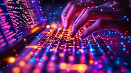 Hands coding on laptop at night, colorful lights.