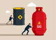 © Vadym - Competition. Enterprising businessman pushes barrels oil and gas cylinder. Direction to victory. Winning strategy business concept. Effective achievement. Flat vector illustration.