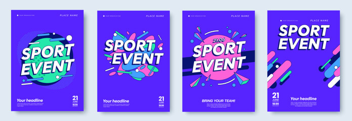 Set of promo posters for a sporting event or eSports. Sport event banner design, abstract colorful dynamic graphics, headline and place for text. Ideal for flyer, invitation. Vector illustration