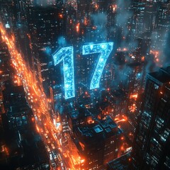 Canvas Print - Cyberpunk city, number seventeen glowing.