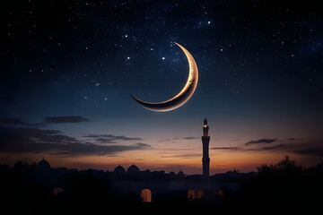 Wall Mural - night sky with a crescent moon signaling the start of ramadan