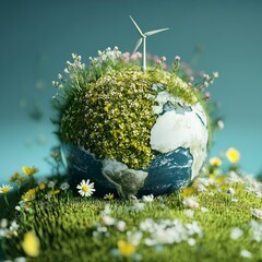 Fototapete - A miniature Earth, adorned with lush greenery, wildflowers, and a small wind turbine, symbolizes a sustainable future where harmony between nature and technology thrives.