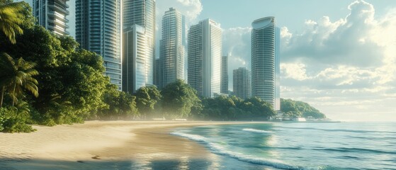 A row of modern office buildings forms a beautiful coastal skyline, background wallpaper AI generated image