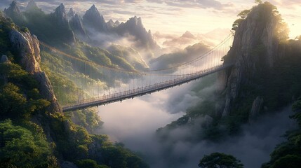 Wall Mural - A serene landscape featuring a suspension bridge amidst misty mountains and lush greenery.