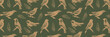© Natali - Pattern of golden silhouettes of wild forest birds and fir branches on green. Songbirds, tit, grosbeak, goldfinch and oriole. Gold fabric engraving of nature motifs. Seamless vector background.