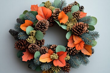 Wall Mural - A natural, rustic wreath made of intertwined pine cones and leaves