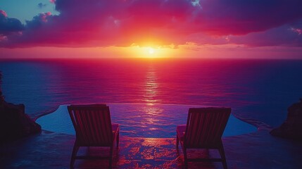 Sticker - Romantic sunset over ocean, two chairs by infinity pool.