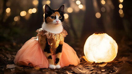 A calico cat in a fairy-tale princess dress sitting beside a magical forest prop under soft moonlight