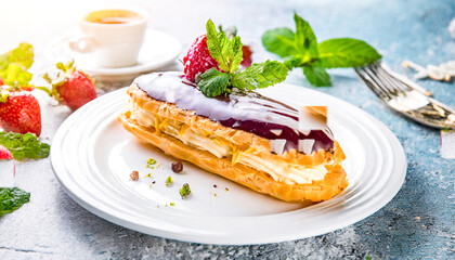 Poster - Close-up of a golden eclair filled with cream, garnished with raspberries and mint leaves, dusted with powdered sugar on a rustic table.