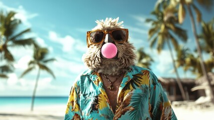 Wall Mural - Capturing a quirky owl wearing oversized sunglasses and chewing bubblegum, this image conveys a lively summer atmosphere with a beachy background.