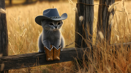 Wall Mural - A gray cat wearing a cowboy hat and tiny boots sitting beside a rustic wooden fence, with a field of tall grass swaying in the breeze