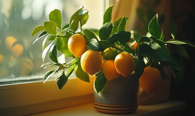 Lemons on tree in a pot near window.