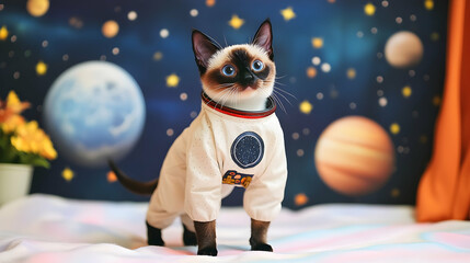 A Siamese cat dressed in a tiny astronaut suit standing in front of a backdrop of stars and planets, giving an outer space vibe