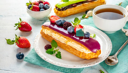 Poster - Close-up of a golden eclair filled with cream, garnished with raspberries and mint leaves, dusted with powdered sugar on a rustic table.