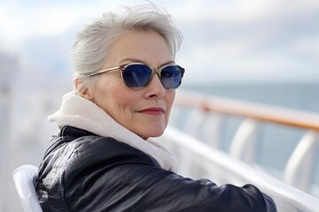 Wall Mural - A woman relaxing on a boat, wearing sunglasses and a scarf