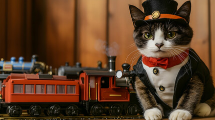 A tuxedo cat dressed as a train conductor with a whistle, sitting beside a model train set