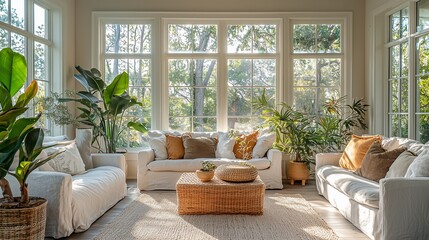 Wall Mural - A bright and airy sunroom with comfortable seating, potted plants, and plenty natural light streaming through large windows.