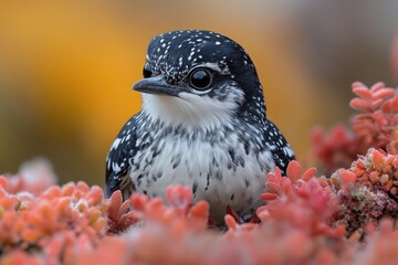 Wall Mural - A black and white bird perches on the edge of a bush, looking around