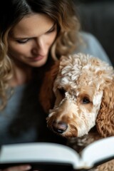 Canvas Print - A person sits with a dog, reading a book