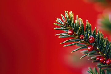 Sticker - A detailed view of a pine tree branch with bright red berries, suitable for use in nature photography or as a decorative element