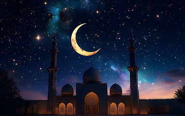Wall Mural - a beautiful night sky with stars and a crescent moon, symbolizing the beginning of ramadan in islami