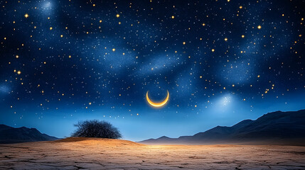 Wall Mural - a serene night sky filled with twinkling stars and a crescent moon, symbolizing the beginning of the