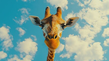 Wall Mural - a giraffe stands in front of a cloudy blue sky, providing an interesting contrast