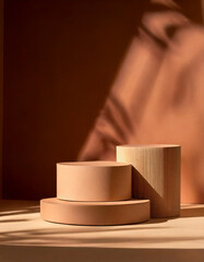 Wall Mural - abstract empty biege podium with shadows on light brown background. stage for product on website. mo