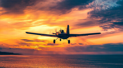 Small airplane at sunset ocean landscape, crop duster plane flying low over sea surface in red dusk sky. Private aircraft, civil aviation cropduster machine with propeller, Cartoon vector illustration