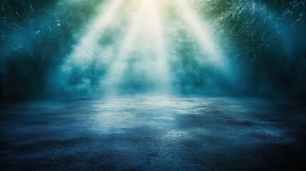 Dark underwater scene, mysterious blue light beams, ethereal atmosphere, rippling water surface, deep ocean depths, submerged landscape, eerie glow, marine exploration, bioluminescence, underwater cav