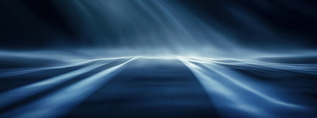 Dark underwater scene, mysterious blue light beams, ethereal atmosphere, rippling water surface, deep ocean depths, submerged landscape, eerie glow, marine exploration, bioluminescence, underwater cav
