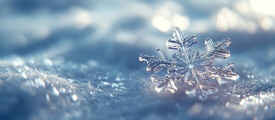 Wall Mural - close-up of a single, delicate snowflake resting on a snowy surface.